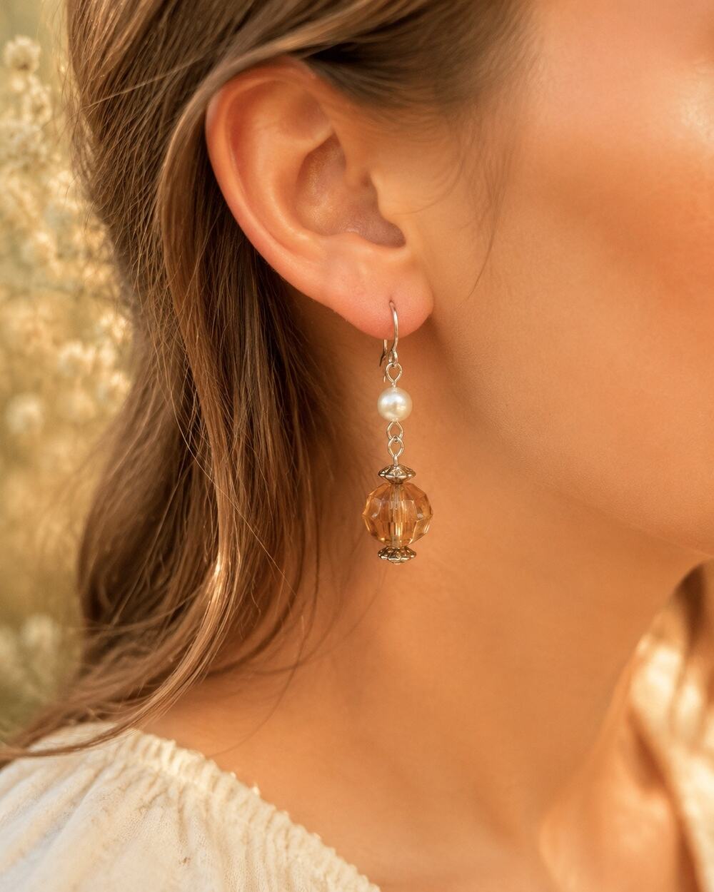 Honey Amber Faceted Bead Faux Pearl Silver Tone Dangle Earrings Boho